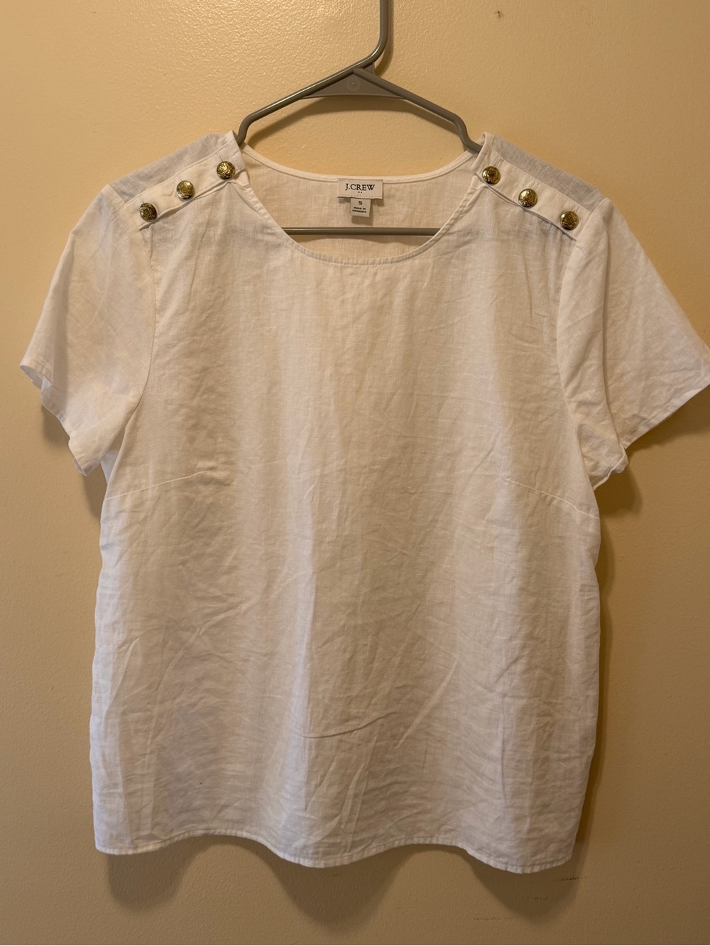 J. Crew White Short Sleeve Linen Top with Gold Shoulder Buttons
